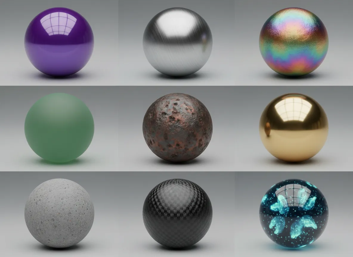 Una griglia che mostra una varietà di sfere di materiali generate dall'AI, tra cui plastica lucida, alluminio spazzolato e superfici iridescenti.