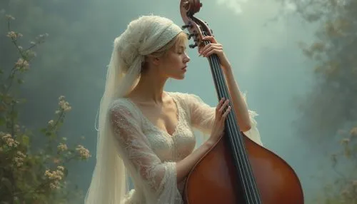 A detailed oil painting: a serene figure of a young woman, adorned in a sparkling white gown and headdress, is seated on the string of a double bass. The background, a light fog, complements the beaut