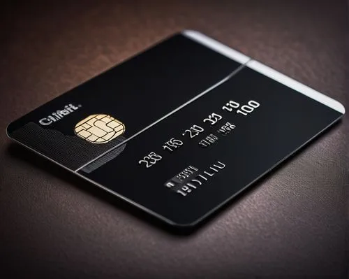 Black debit card, sleek design, metallic material, glossy finish, thin rectangular shape, rounded edges, silver font, bold numbering, minimalist layout, simple logo, embossed details, credit card chip