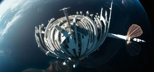space station, modern outer space architecture inspired by nature,satellite antennas on the outside of a large satellite device,nautilus,ice planet,orbiter,earth station,sky space concept,space statio