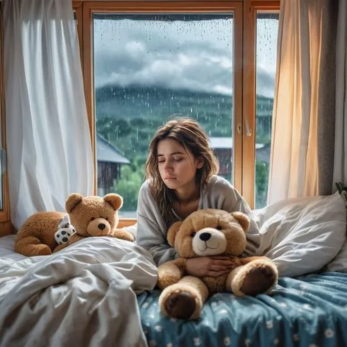 A young woman lying on her bed, feeling sad, cuddling her human-sized teddy bear, and looking through her window, with pangs of rain running through her windows, her puppy and cat laying on their tiny