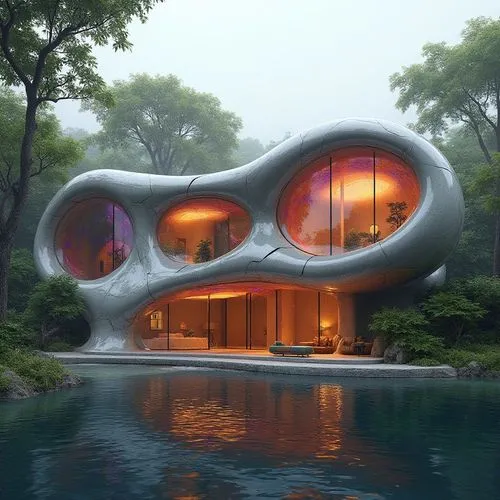 A detailed 3D render: An imposing, futuristic home, designed by Roberto Gómez Castro, stands tall. His signature, a kaleidoscope of orange and purple, is highlighted by his large stained-glass windows
