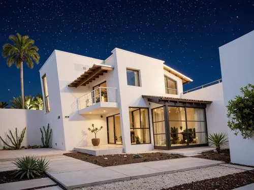 PHOTOGRAPH TAKEN WITH A KODAK CAMERA, WITH A 35MM LENS of a modern two-story house at night, showcasing a contemporary design with a combination of white and beige colors. the house has a large balcon