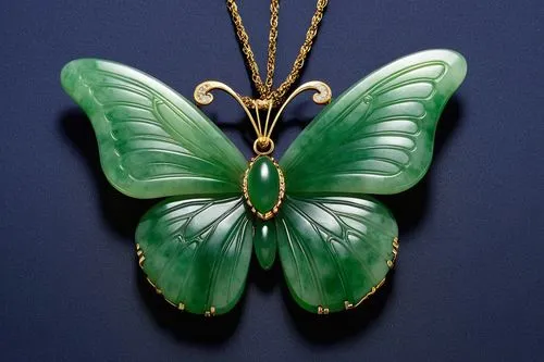 A jade necklace pendant, featuring butterfly style,an elaborate green erfly is displayed on a necklace,ornithoptera,butterfly green,lalique,enamelled,art deco ornament,mariposas,glass wing butterfly,s