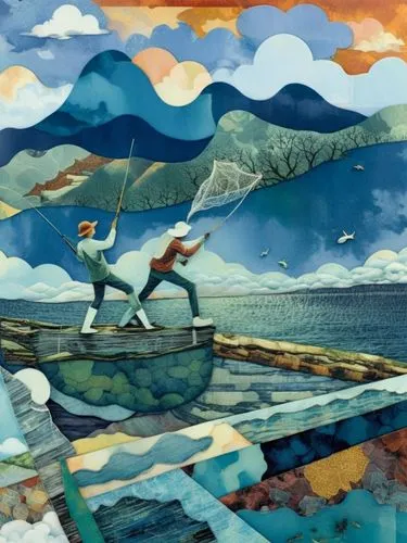 Рыбаки бросают сети, вдали облачное небо,a painting of two men on a cliff,background image,mountain scene,glass painting,fjord landscape,beagle channel,boat landscape