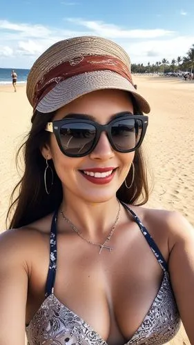 a beautiful woman with dark sunglasses and a hat at the beach,beach background,white sandy beach,beaching,lover's beach,margarita island,sandy beach,beautiful beach,beach scenery,beach,beach toy,sun h
