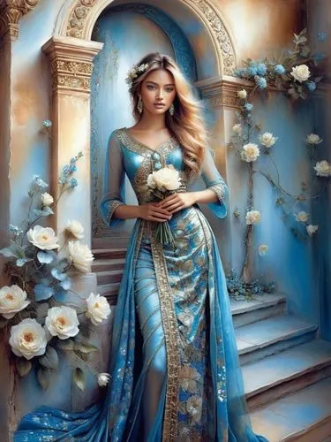 a woman in blue and gold dress standing on stairs,blue rose,blue hydrangea,jasmine blue,blue enchantress,blue moon rose,fantasy picture,noblewoman,fantasy art,fairy tale character,blue petals,enchanti