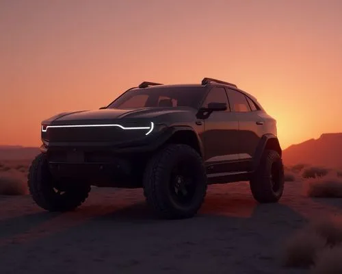 rugged,boxy electric SUV  parked in a dark, moody sunset lit, in the middle of a vast dessert  close-up on 22-inch matte black alloy wheels, sharp reflections, volumetric fog, Unreal Engine 5 render s