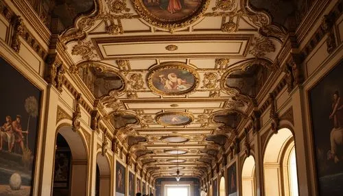 Intricate ornate plaster ceilings, Baroque-era inspired designs, grandiose frescoes, ornamental moldings, delicate stucco details, Rococo-style shell motifs, intricate foliage patterns, gilded accents