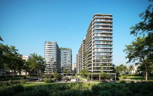 Modern winning award architecture, inspired from the projeect named : the tre ver by WOHA, A 3d rendering shoot from a eye view about a modern high-rise building surrounded by lush greenery. the image