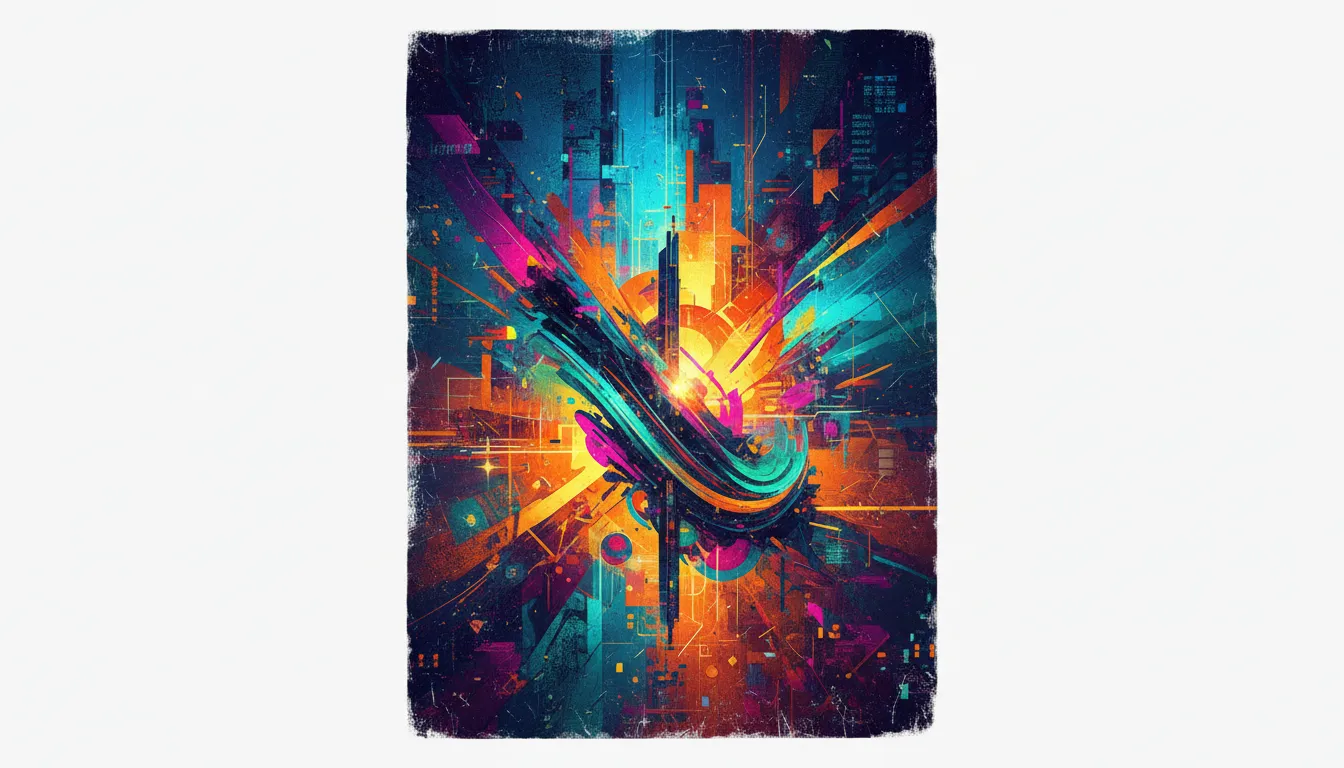 Un grande manifesto verticale con un design astratto moderno che ricorda un affresco digitale, caratterizzato da colori audaci e texture complesse.