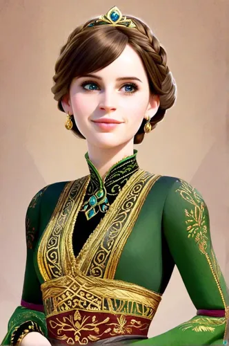 Princess Ana's dress in Disney animation movie Frozen. green and black winter dress, a fitted bodice with a black top and puffed sleeves, often made of velvet or a similar fabric. The bodice is adorne