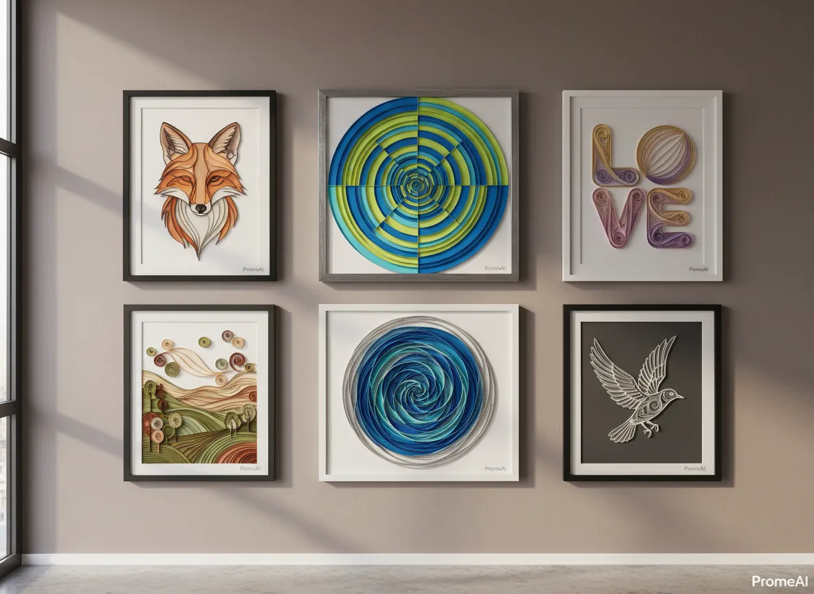 Un'elegante parete da galleria che mostra una varietà di design di quilling moderni generati da PromeAI, incluse forme geometriche astratte, figure di animali minimaliste e arte tipografica.