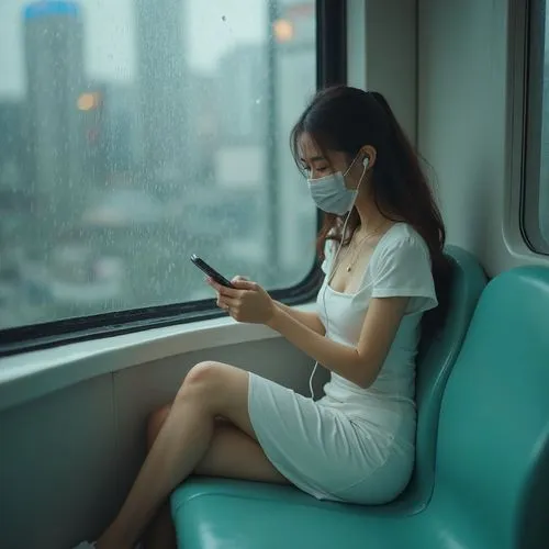 woman in mask using cellphone and looking out the window,train compartment,pollution mask,train seats,train ride,window seat,breathing mask