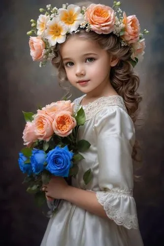 beautiful girl with flowers,flower girl,girl in flowers,romantic portrait,child portrait,little princess,blue rose,flower girl basket,little girl in pink dress,girl picking flowers,mystical portrait o
