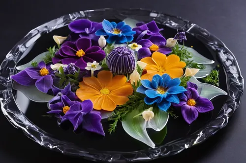 Imagine a hauntingly beautiful garnish made of edible flowers in a gothic mansion.,water lily plate,edible flowers,flower bowl,flower arrangement lying,flowers png,teacup arrangement,cut flowers,artif