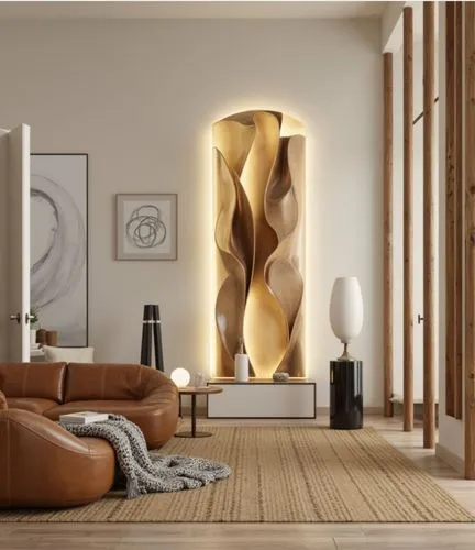 A contemporary sitting area with soft, flowing lines and sculptural decor elements. The design features a caramel leather sofa, abstract wall art, and a unique 3D art installation on the wall. Natural