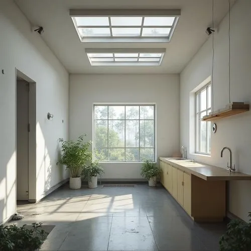 small room interior, white walls with dark shadows, four large black-framed windows in the center wall, glass panels and concrete slabs below the windows, five rectangular lights on the roof illuminat