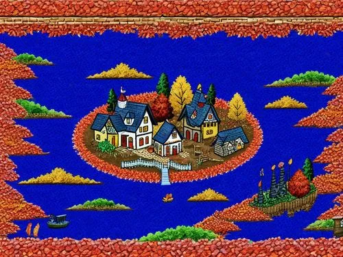 Autumn Village Digital Art,a drawing of houses on a river with fall foliage around,scummvm,escher village,aurora village,oktoberfest background,cartoon video game background,kleinburg