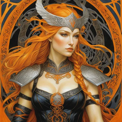 book page layout, norse patterns, black and orange, art nouveau, valkyrie Norse goddess,celtic queen,sorceress,fantasy portrait,fantasy art,heroic fantasy,the enchantress,zodiac sign gemini,fantasy wo