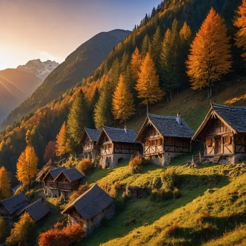 some small medieval huts in a mountain valley. The trees sre avoverd in autumn color leaves. It is dusk and candlelight shines out of the windows,an image of a farm with mountains in the background,mo