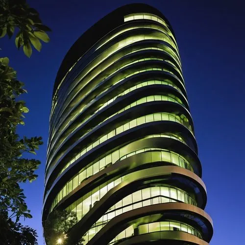 Modern architectural design, futuristic approach, sleek lines, curves, glass, steel, minimalist aesthetic, urban skyscraper, cityscape, nighttime, neon lights reflecting off building facade, rooftop g