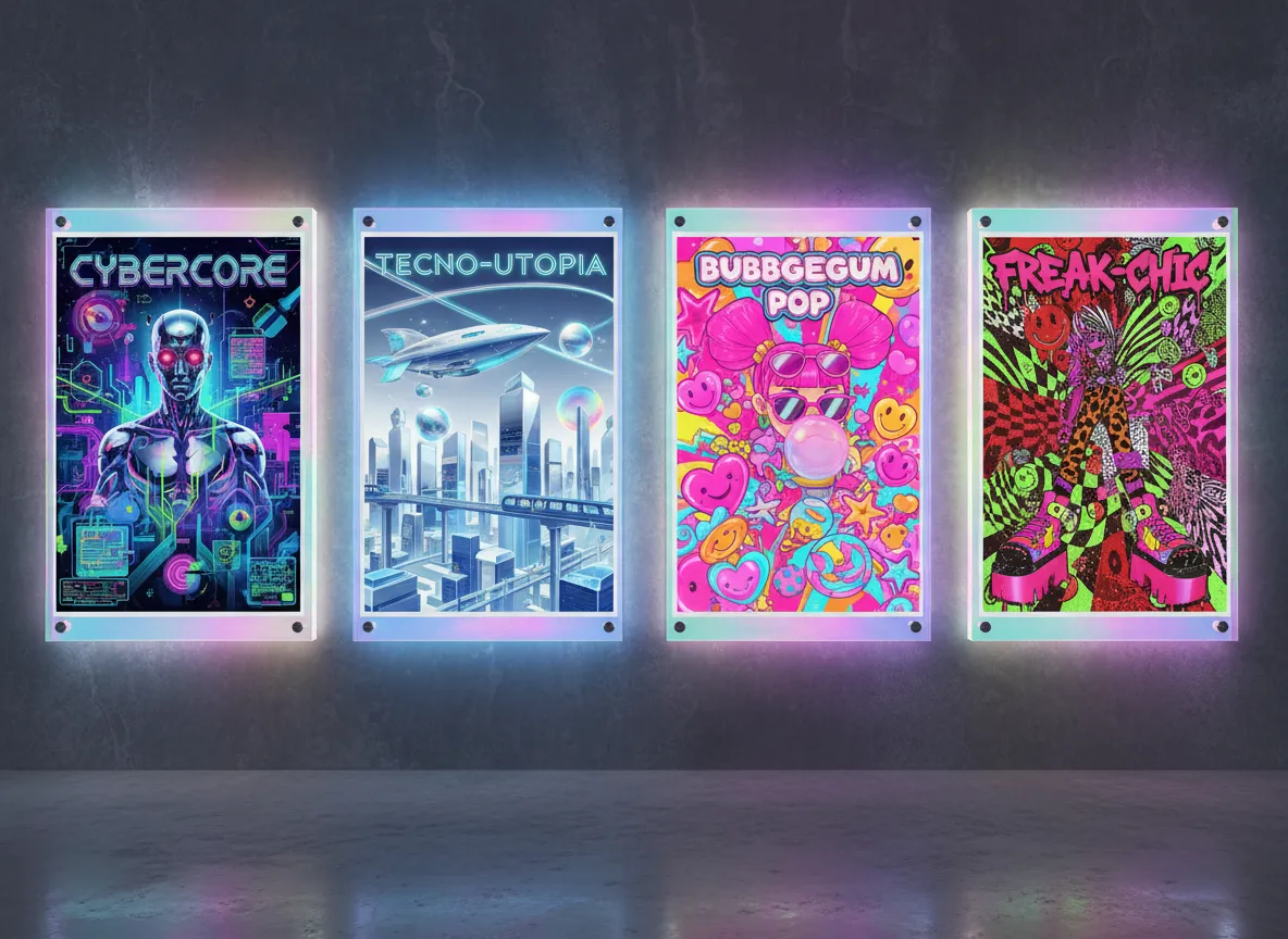 चार अलग-अलग पोस्टरों की एक गैलरी, प्रत्येक Y2K Aesthetic की एक उप-शैली का प्रतिनिधित्व करती है, साइबरकोर से लेकर बबलगम पॉप तक, सभी PromeAI के साथ बनाए गए हैं।