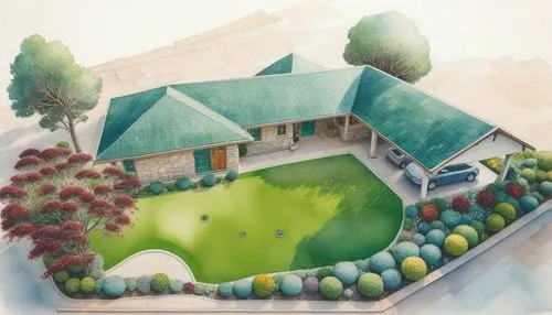 a painting of a green house with blue roofs,marbletown,golf course background,houses clipart,dreamhouse,farmstead,pool house