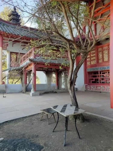 Китайский павильон, инкрустированные стол и стул,a table with a tree in front of it and a building behind it,inside courtyard,the golden pavilion,courtyard,golden pavilion,drum tower,hanging temple