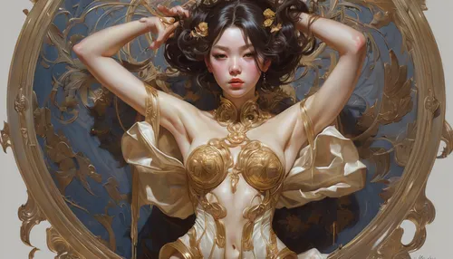 藤和 マヨイ,golden wreath,amano,golden crown,gold leaf,gold filigree,baroque angel,gold crown,golden mask,priestess,art nouveau,gold mask,fantasy portrait,masquerade,oriental princess,dryad,faun,golden app