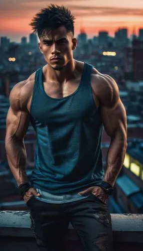 Muscular man, Shadow Gao, strong jawline, piercing gaze, spiky black hair, sharp facial features, athletic build, tank top, ripped jeans, sneakers, urban rooftop, cityscape at dusk, neon lights reflec