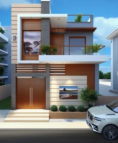 the front view of the house in 3d,modern house,residential house,modern architecture,contemporary,smart home,two story house