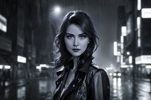 Однотонный футуристический фон: Ночной город и дождь ,a girl in a leather jacket poses on the street at night,world digital painting,rainswept,light rain,rain,vesper,monsoon,heavy rain,digital paintin