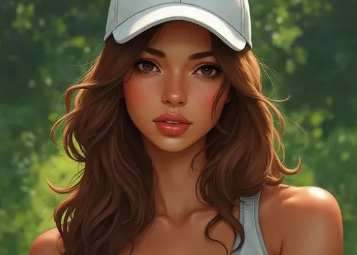 A stunning digital illustration of a woman with a grand and extravagant gaze, her expressive brown hair a contrast to the sharp white baseball cap. The warm hues of her figure are enhanced by a lush, 