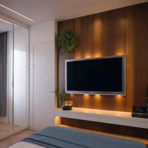 painel de tv madeira,a bedroom is shown with the wall mounted tv on the shelf,modern room,modern decor,living room modern tv,contemporary decor,modern minimalist lounge,tv cabinet,hallway space,interi