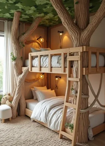 Whimsical children's bedroom with a nature-inspired theme, featuring wooden bunk beds styled like a treehouse. Ropes, hammocks, and natural wooden elements create a playful adventure vibe. Soft beddin