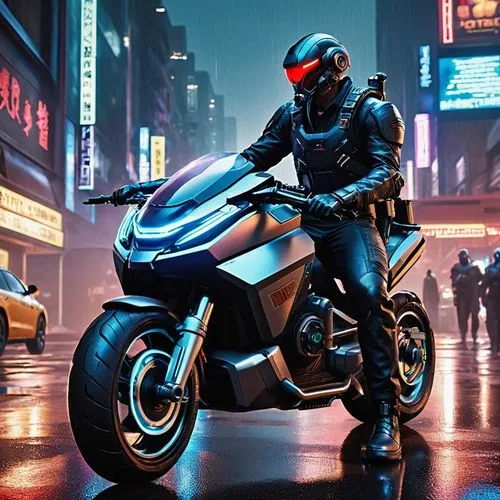 In the heart of Night City, neon lights flicker against the rain-soaked streets. A mercenary leans against his modified hoverbike, exhaling smoke into the humid air. His cybernetic arm whirs softly as