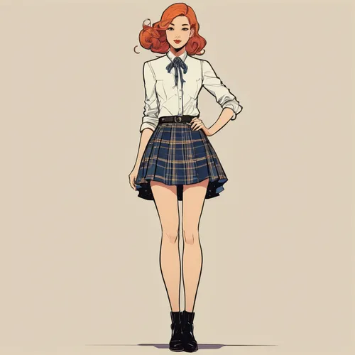 Cute girl skirt Long legged full body ，by Cliff Chiang,school skirt,school uniform,school clothes,schoolgirl,fashion sketch,fashionable girl,retro girl,a uniform,retro pin up girl,retro paper doll,pin