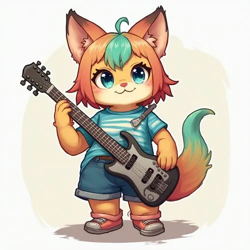 A chubby adorable tabaxi female with multicolored neon hair and a fluffy tail wearing shorts and a striped blue and white t-shirt with a guitar on her belt,a little furry boy with an electric guitar,g