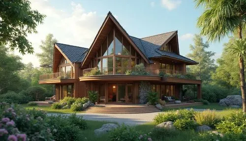 A beautiful one-story modern tropical house with a steep pointed roof, elegant wooden balcony, large glass windows, spacious veranda, natural stone walls, surrounded by lush green garden and colorful 