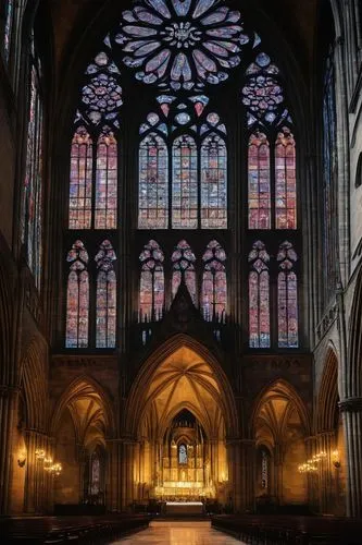 Gothic cathedral, grandiose entrance, ornate carvings, pointed arches, ribbed vaults, flying buttresses, intricate stone sculptures, stained glass windows, majestic rose window, towering spires, myste