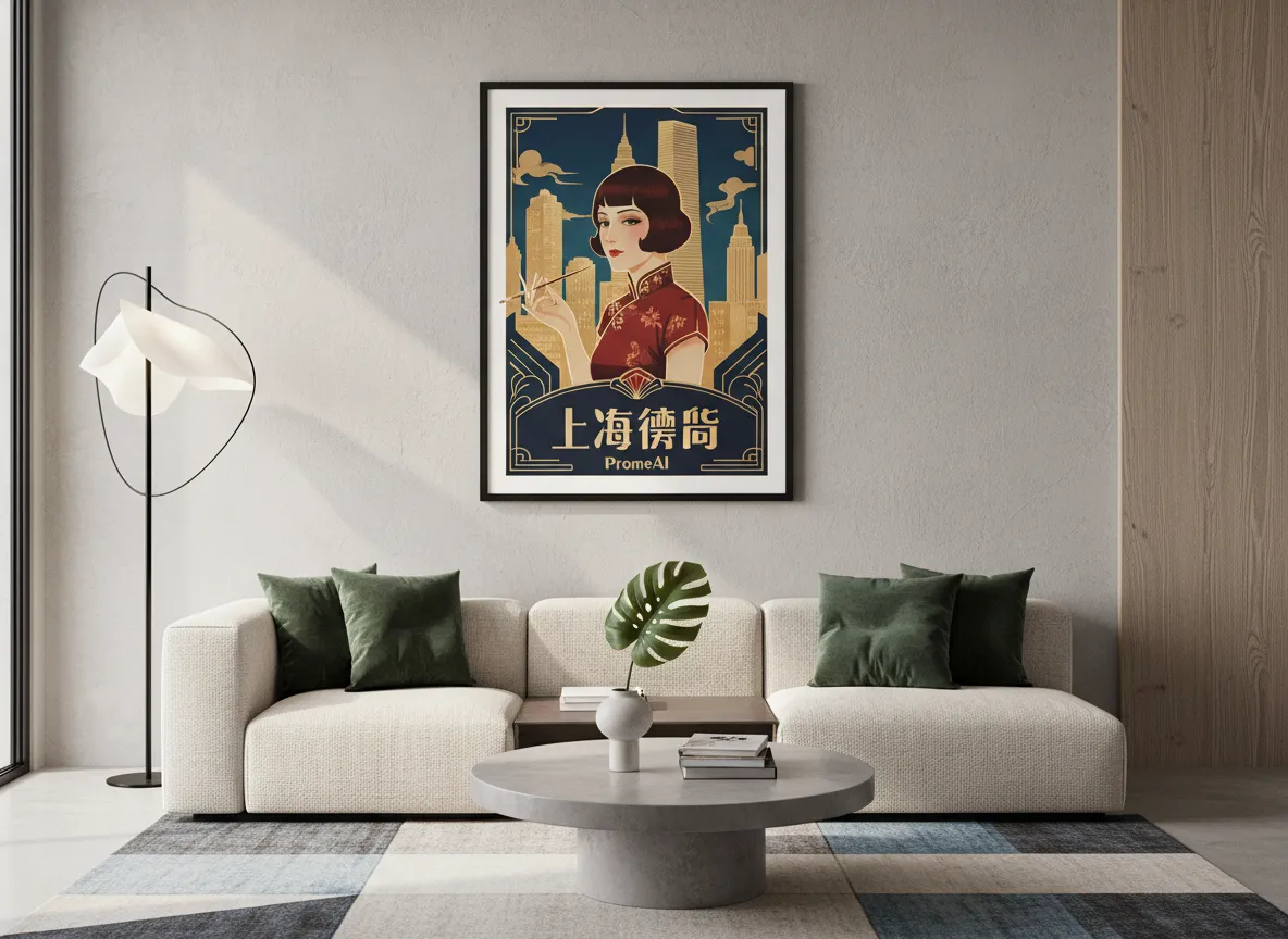세련된 현대 거실 벽에 걸려있는 액자에 담긴 PromeAI 생성 상하이 스타일 포스터 목업.