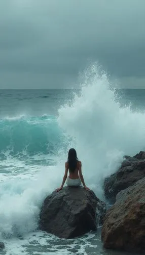the woman is sitting down by the water,ocean waves,blue sea,mermaid background,sea storm,naiad,stormy sea
