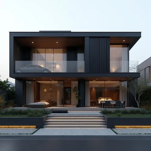A hyper-realistic, high-resolution architectural photograph of a sleek, two-story modern residence with a minimalist, all-black exterior. The building’s façade is composed of smooth, matte metal panel