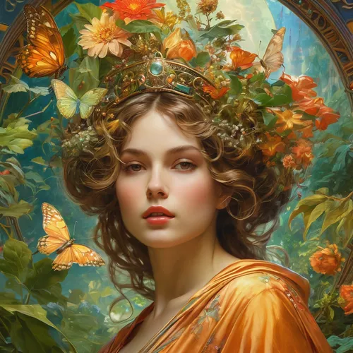 Generate a humorous birthday image with a cartoon character,girl in a wreath,emile vernon,golden wreath,mucha,wreath of flowers,orange blossom,girl in flowers,flora,mystical portrait of a girl,fantasy