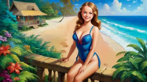 Romantic masterpiece oil painting, cute girl portrait, nostalgic 1950's style kitsch, vibrant rainforest bungalow landscape, lush tropical jungle paradise, summer beach scenery, by Thomas Kinkade, by 