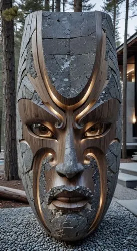 an image of a large wood mask outside,gold mask,wooden mask,golden mask,shogun,samurai,mask,kabuki,nisei,totem,stone sculpture,warrior east,samurai fighter,japan universal studio,guardian,bronze sculp