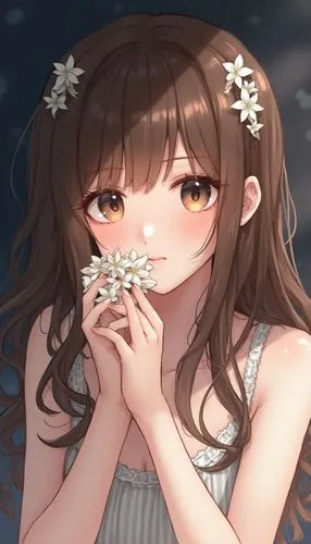 Image is a portrait photograph featuring a young woman with fair skin and long, wavy brown hair. Her facial features are delicate, with a soft expression and subtle makeup highlighting her eyes and li
