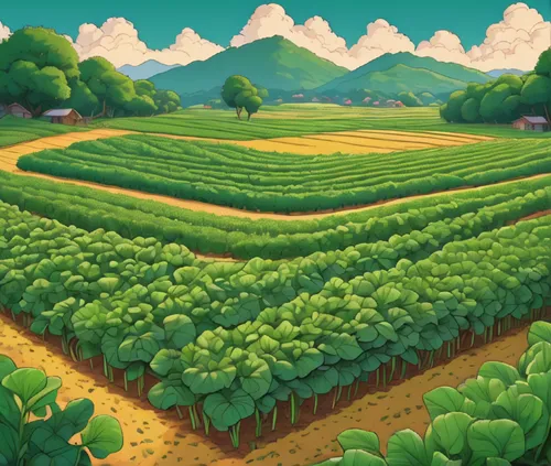 A wide field covered with lush green vegetables and golden grains. The warm sun and gentle breeze make the perfect environment for diligent farmers to cultivate their crops and watch them grow natural