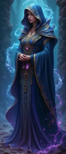 Create a character design for a mystical sorcerer inspired by the image. The sorcerer wears an intricately designed robe adorned with swirling patterns and vibrant, gem-like ornaments that reflect var